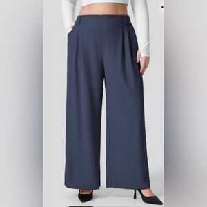 HALARA High Waisted Plicated Side Pocket Wide Leg Waffle Work Pants - Navy Blue
